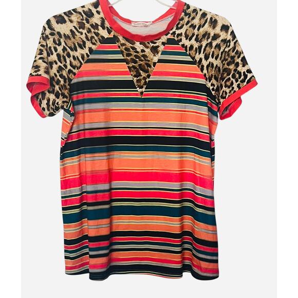 SOUTHERN STITCH T-SHIRT SHORT SLV CREW NECK, WOMEN, L, MULTICOLOR ANIMAL/STRIPES - Picture 1 of 12